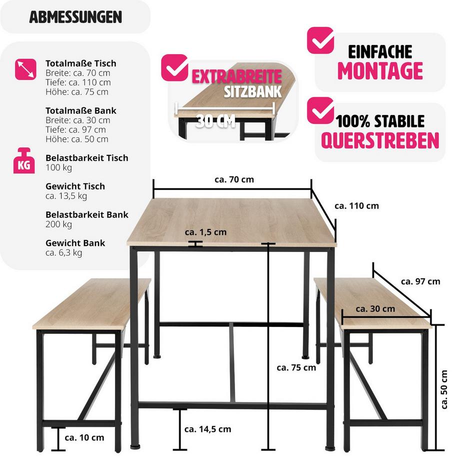 Tectake Sitzgruppe Bolton 3-teilig Esstisch mit 2 Sitzbänken  