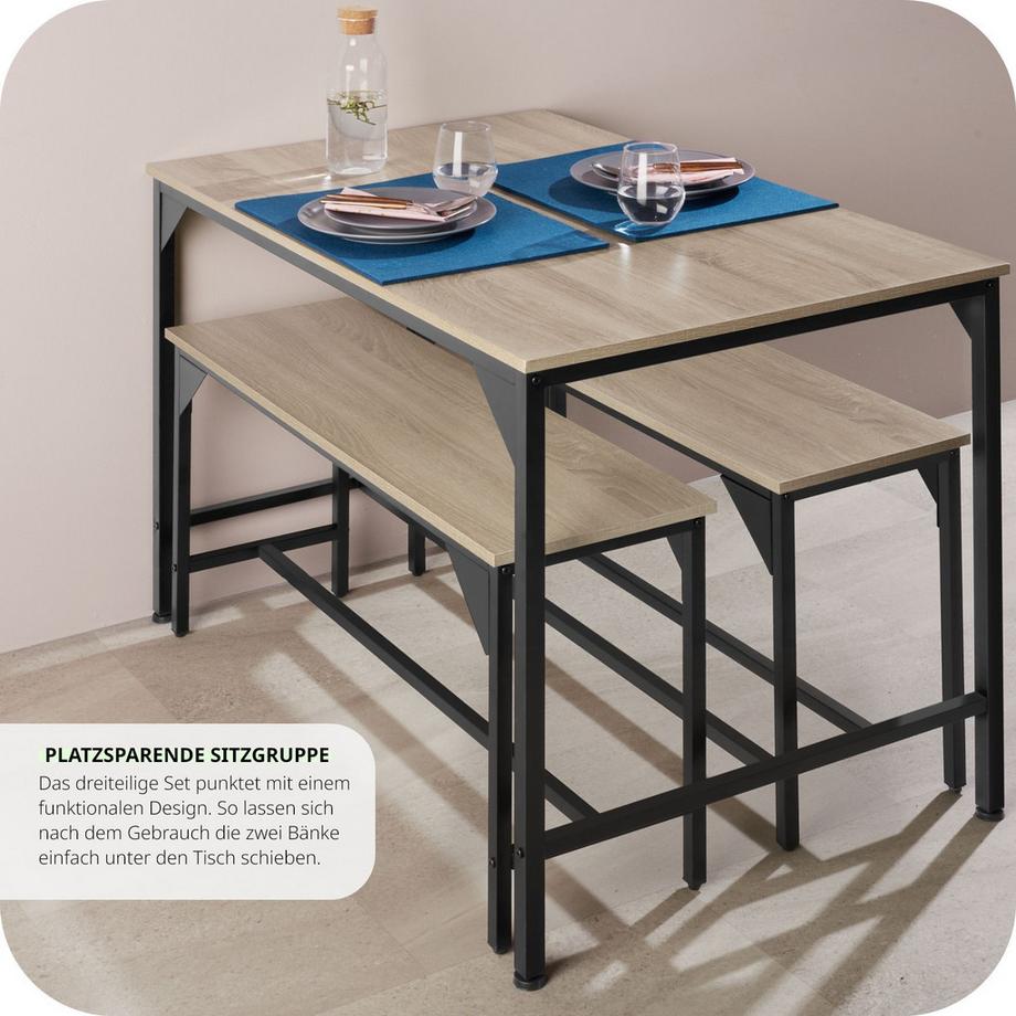 Tectake Sitzgruppe Bolton 3-teilig Esstisch mit 2 Sitzbänken  