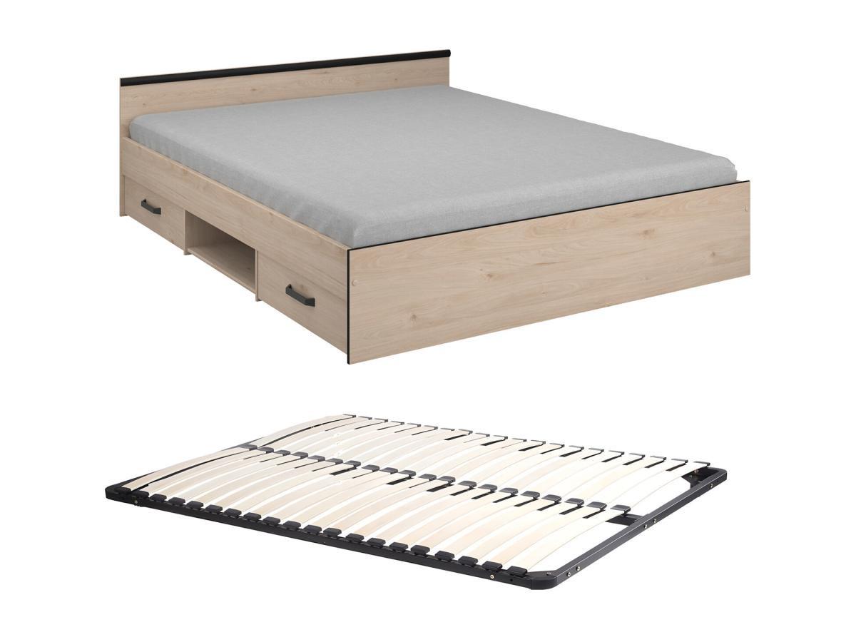 Vente-unique Letto con vani portaoggetti 160 x 200 cm 2 cassetti e 1 nicchia Naturale + Rete - PABLO  