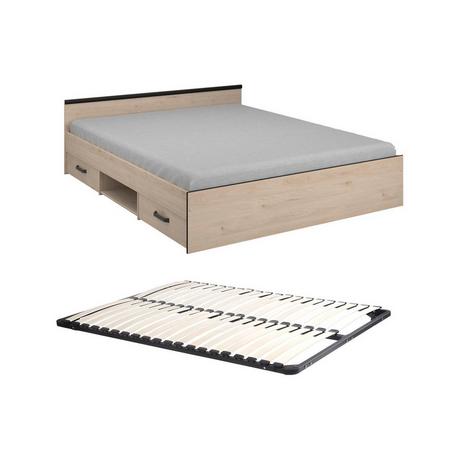 Vente-unique Letto con vani portaoggetti 160 x 200 cm 2 cassetti e 1 nicchia Naturale + Rete - PABLO  