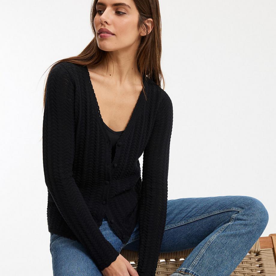 Feinstrickcardigan mit V-Ausschnitt und Knopfverschluss