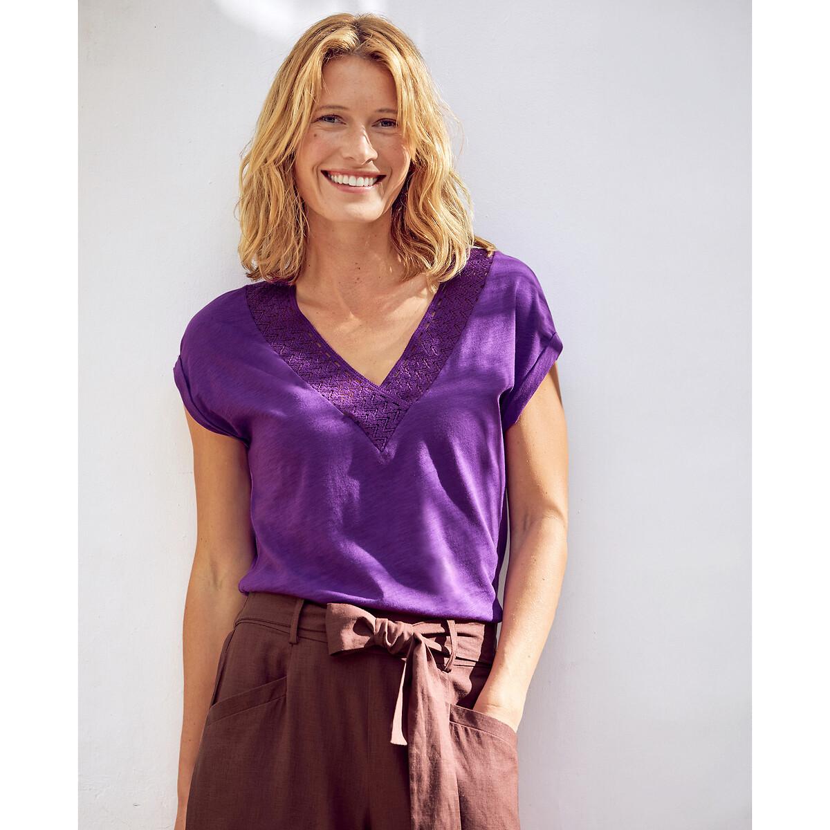 La Redoute Collections V-Ausschnitt T-Shirt mit Makramee-Spitze  