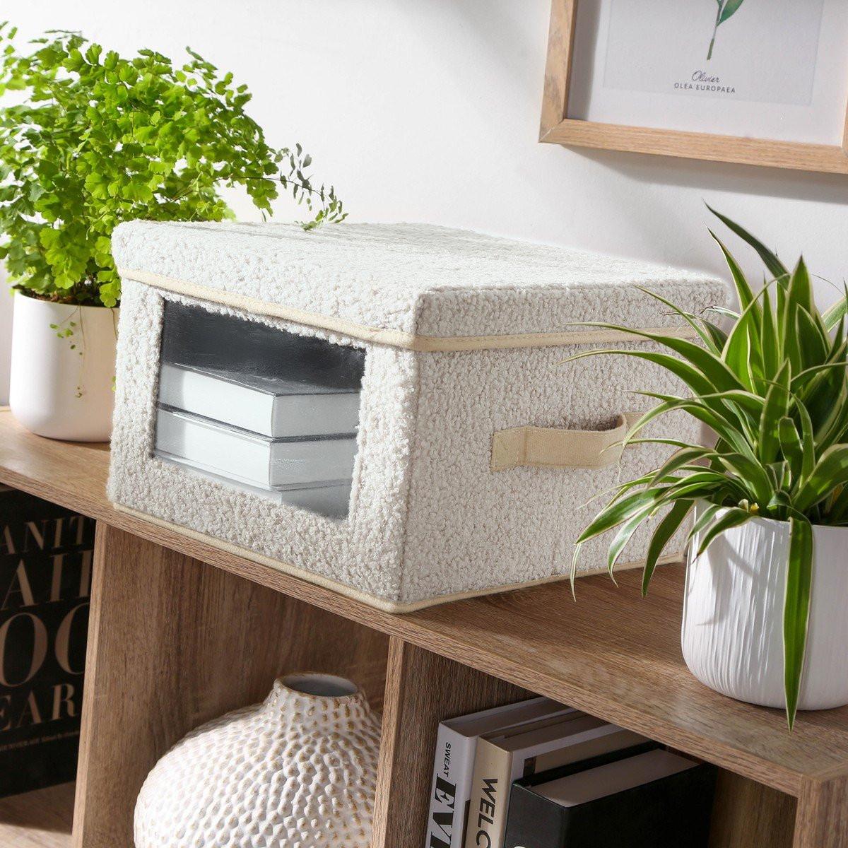 Calicosy Aufbewahrungsbox aus Bouclé-Stoff in Ecru mit Fenster - L40 cm  