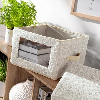 Calicosy Aufbewahrungsbox aus Bouclé-Stoff in Ecru mit Fenster - L40 cm  