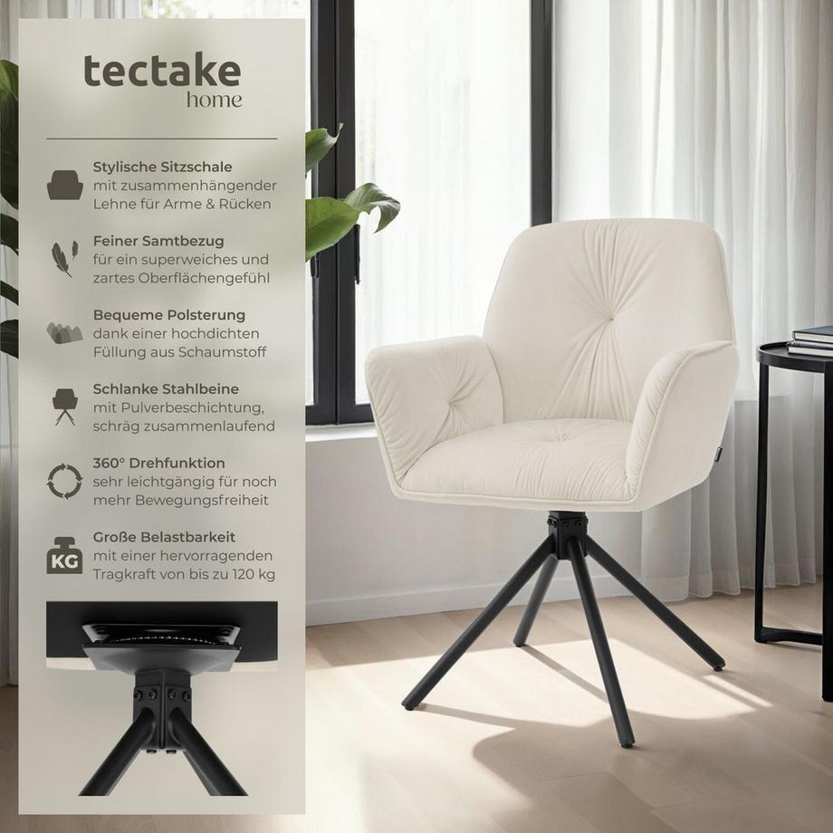 Tectake Drehbarer Armlehnstuhl Lenia in Samtoptik, gepolstert 360° drehbar, höhenverstellbare Kunststofffüße  