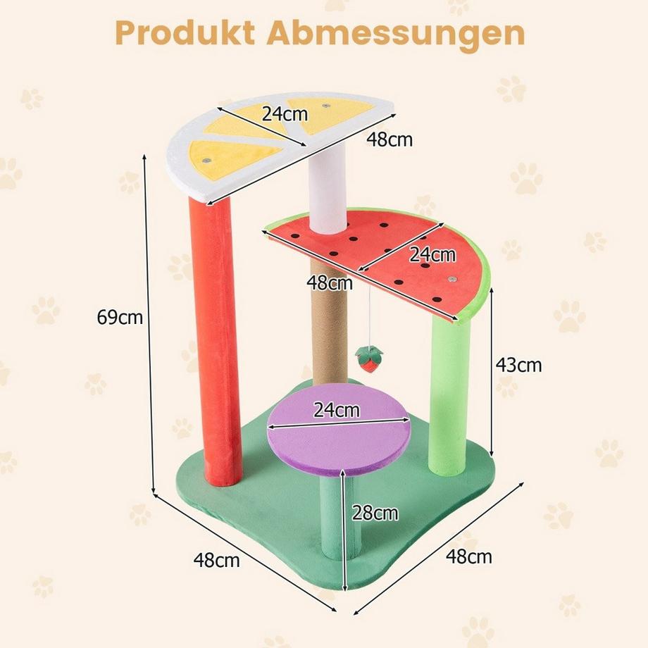 B2X  Klein Kratzbaum mit Plattformen & Erdbeerball & Kratzpfosten Niedliches Obstthema Katzenbaum 