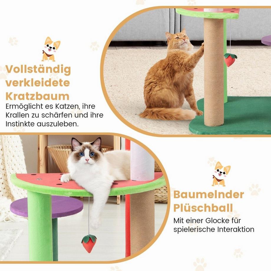 B2X  Klein Kratzbaum mit Plattformen & Erdbeerball & Kratzpfosten Niedliches Obstthema Katzenbaum 