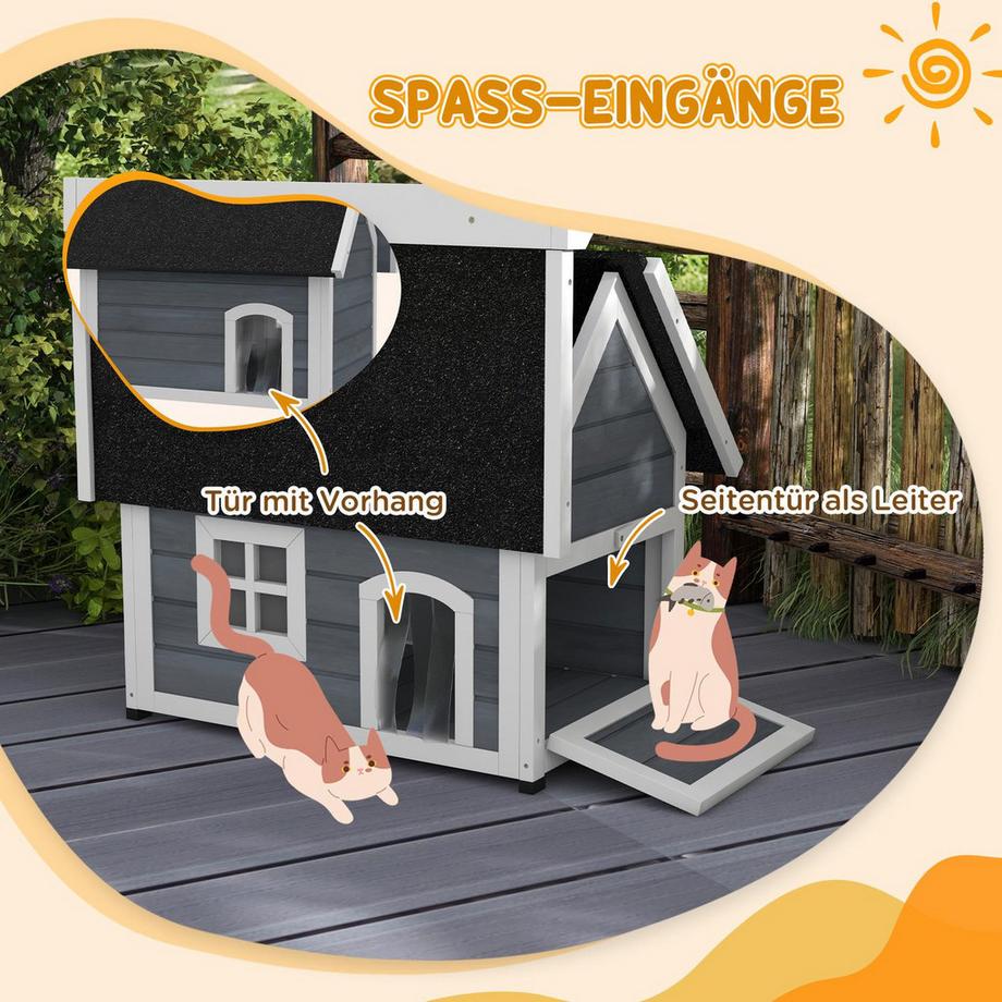 Northio  Katzenhaus, Katzenhöhle aus Holz, mit aufklappbar Asphaltdach, Wetterfest Katzenhütte mit Fenster, 3 Türen, 77 x 57,5 x 68 cm, Grau 