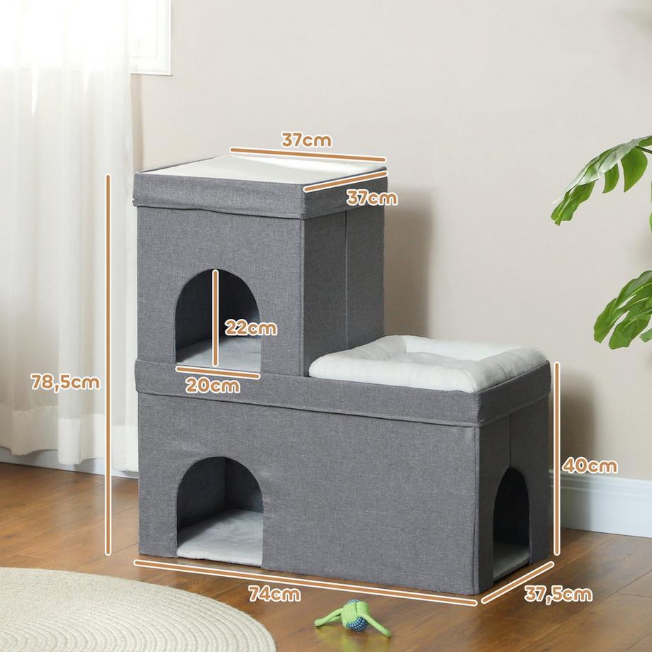 Northio  Katzenhöhle Katzenhütte, Katzenhaus mit 3 Ebenen, Katzenbett mit Kissen, Hundehaus für Katzen bis 5 kg, 74 x 37,5 x 78,5 cm, Grau 