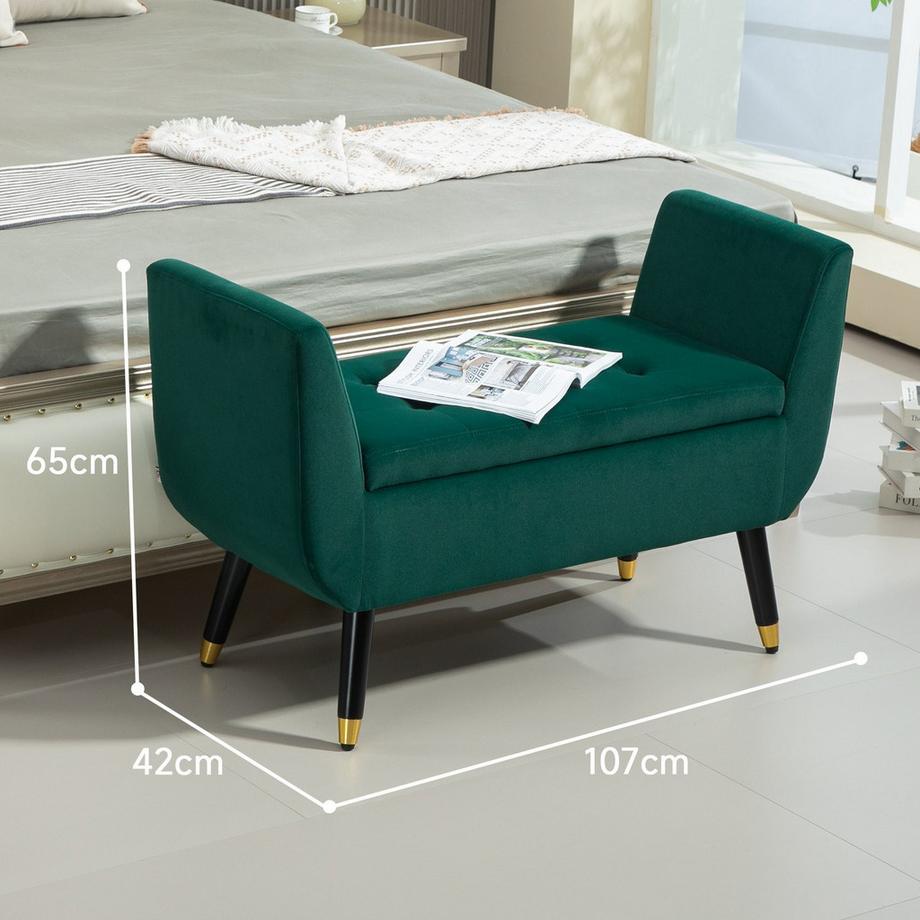 Northio Luxus Sitzbank Polsterbank mit Stauraum Armlehnen Truhenbank Samtartiges Polyester Gummiholz Grün 107 x 42 x 65 cm  