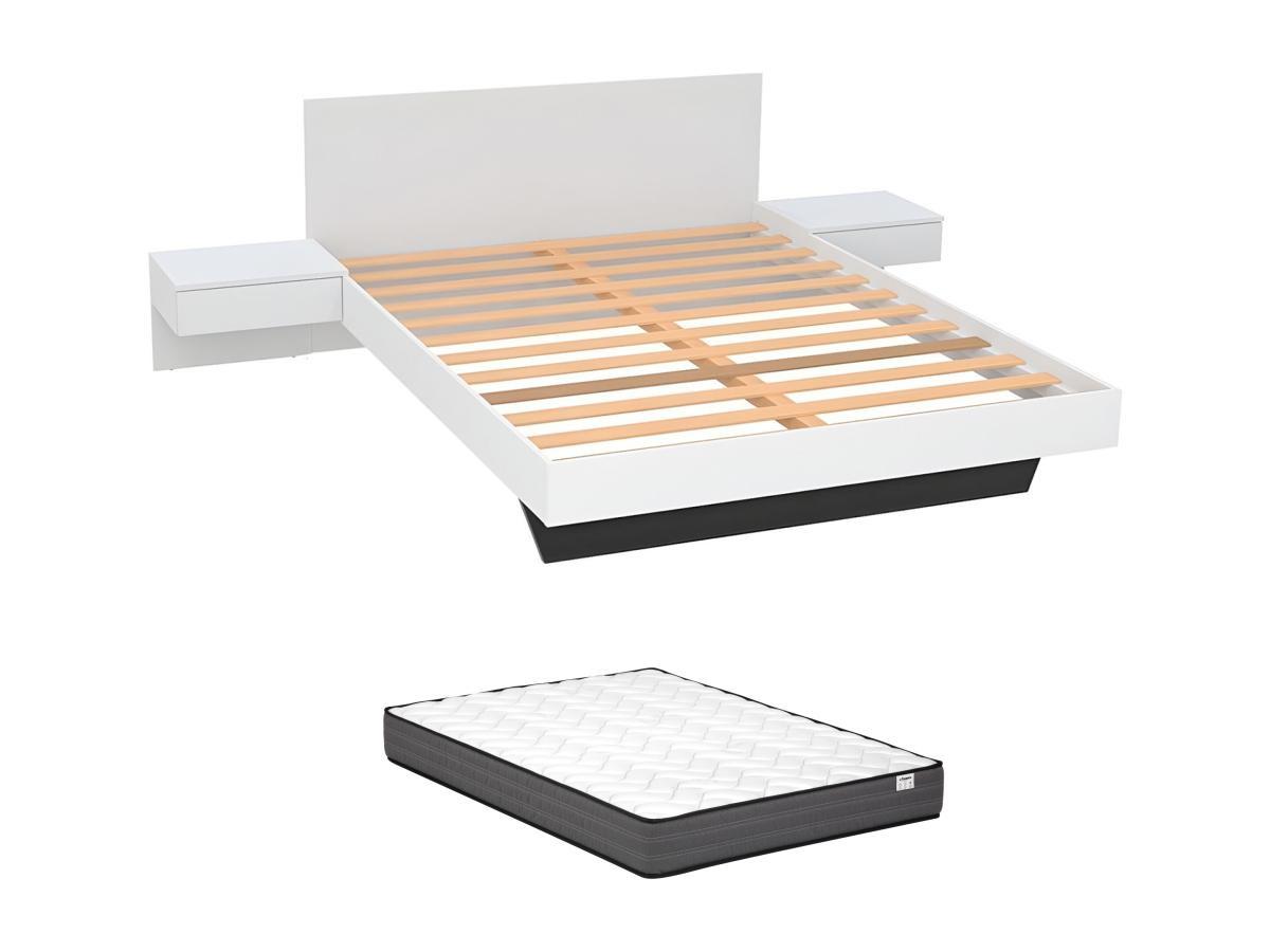 Vente-unique Lit avec chevets - 140 x 190 cm - Coloris : Blanc + Matelas - MARVELLOUS  