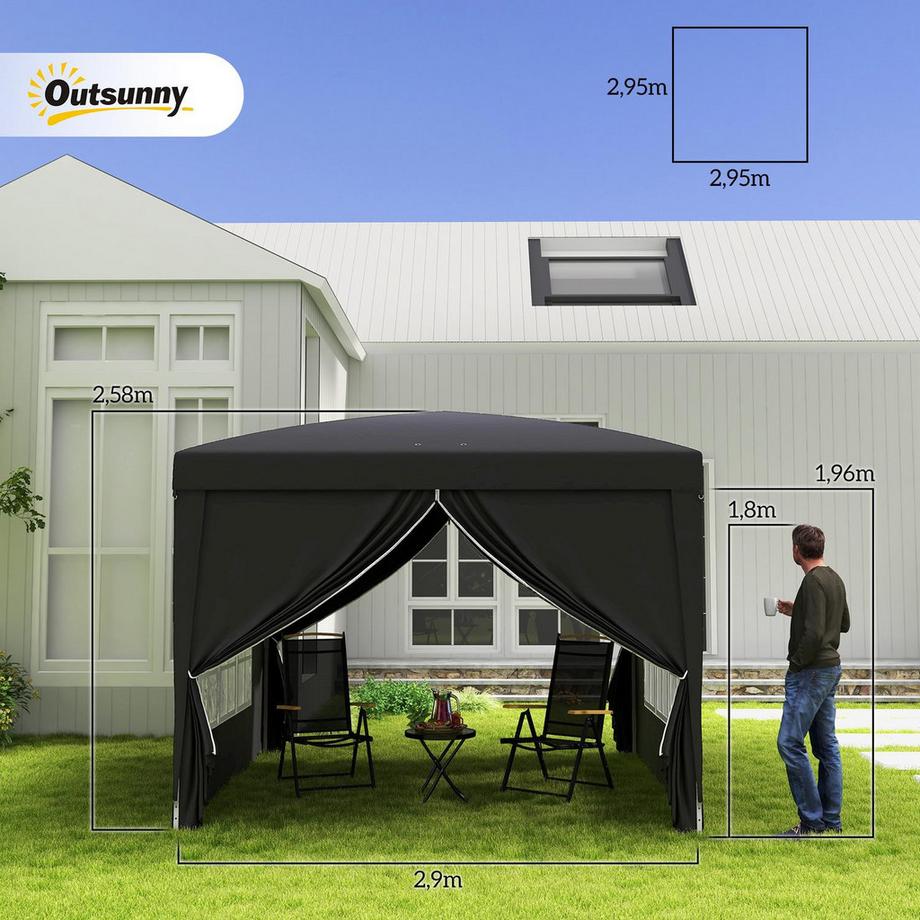 Northio Gazebo circa 3x3m, gazebo pieghevole pieghevole idrorepellente, stabile, resistente all'inverno, protezione UV 50+, tenda per feste pieghevole, tenda da giardino con 4 pannelli laterali, gazebo da giardino tascabile per campeggio, giardino, nero  