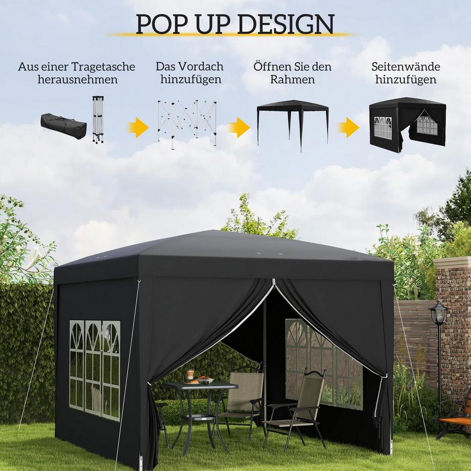 Northio Gazebo circa 3x3m, gazebo pieghevole pieghevole idrorepellente, stabile, resistente all'inverno, protezione UV 50+, tenda per feste pieghevole, tenda da giardino con 4 pannelli laterali, gazebo da giardino tascabile per campeggio, giardino, nero  
