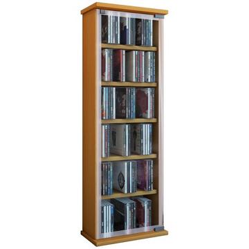 CD Regal Holz | CD Schrank mit ESG-Sicherheitsglastüren für 204 CDs oder 72 DVDs | Maße: H. 92 x B. 31 x T. 18 cm | Elegantes DVD Regal mit Rollen |
