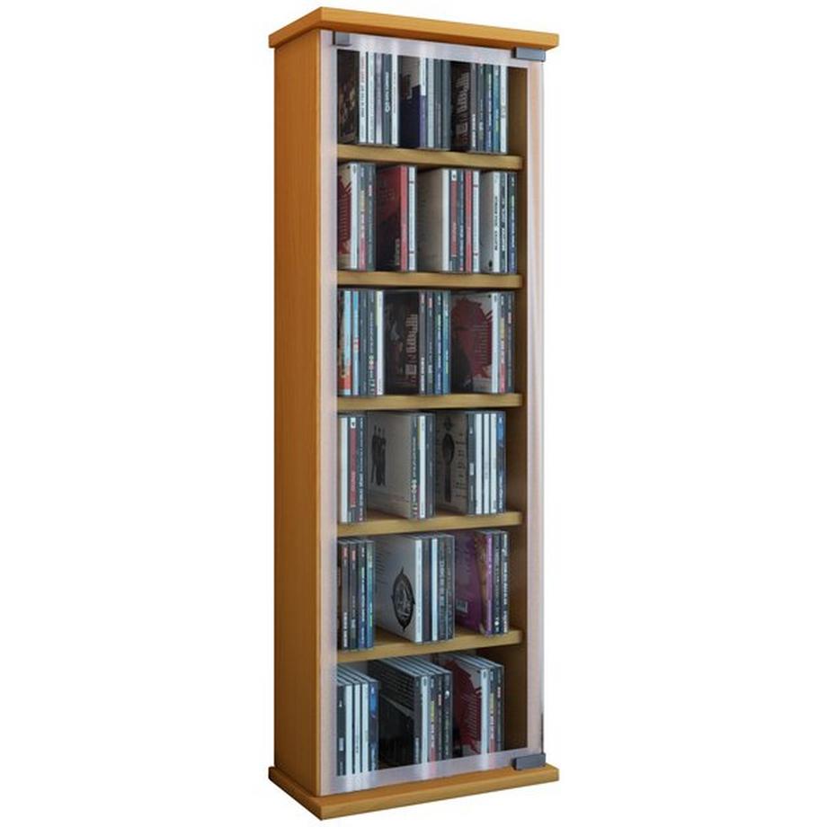 CD Regal Holz | CD Schrank mit ESG-Sicherheitsglastüren für 204 CDs oder 72 DVDs | Maße: H. 92 x B. 31 x T. 18 cm | Elegantes DVD Regal mit Rollen |