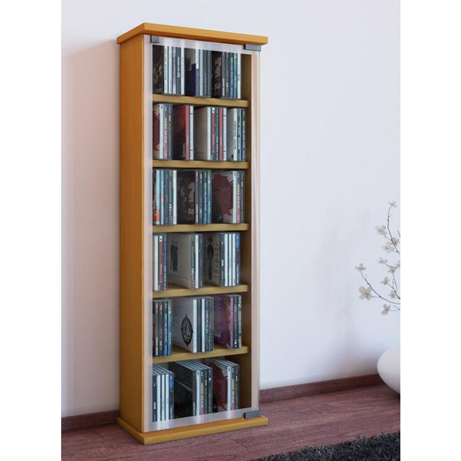 VCM CD Regal Holz | CD Schrank mit ESG-Sicherheitsglastüren für 204 CDs oder 72 DVDs | Maße: H. 92 x B. 31 x T. 18 cm | Elegantes DVD Regal mit Rollen |  