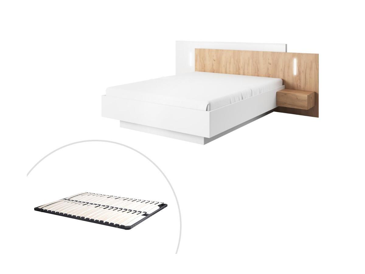 Vente-unique Bett mit integrierten Nachttischen - 160 x 200 cm - 2 Schubladen + LEDs + Lattenrost - Weiß & Naturfarben - FRANCOLI  