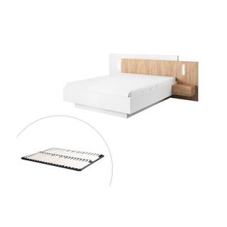 Vente-unique Bett mit integrierten Nachttischen - 160 x 200 cm - 2 Schubladen + LEDs + Lattenrost - Weiß & Naturfarben - FRANCOLI  