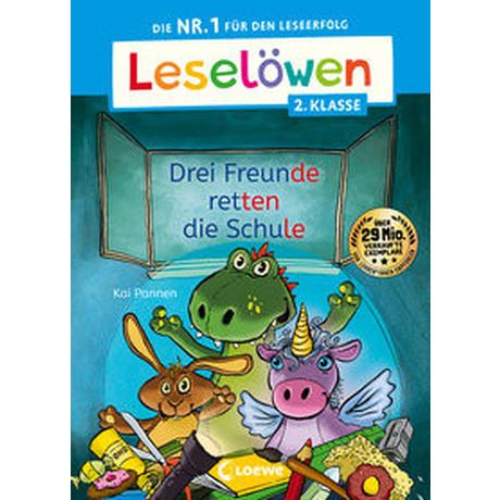 Leselöwen 2. Klasse - Drei Freunde retten die Schule Pannen, Kai; Loewe Erstlesebücher (Hrsg.); Loewe Erstes Selberlesen (Hrsg.); Pannen, Kai (Illustrationen) Couverture rigide 