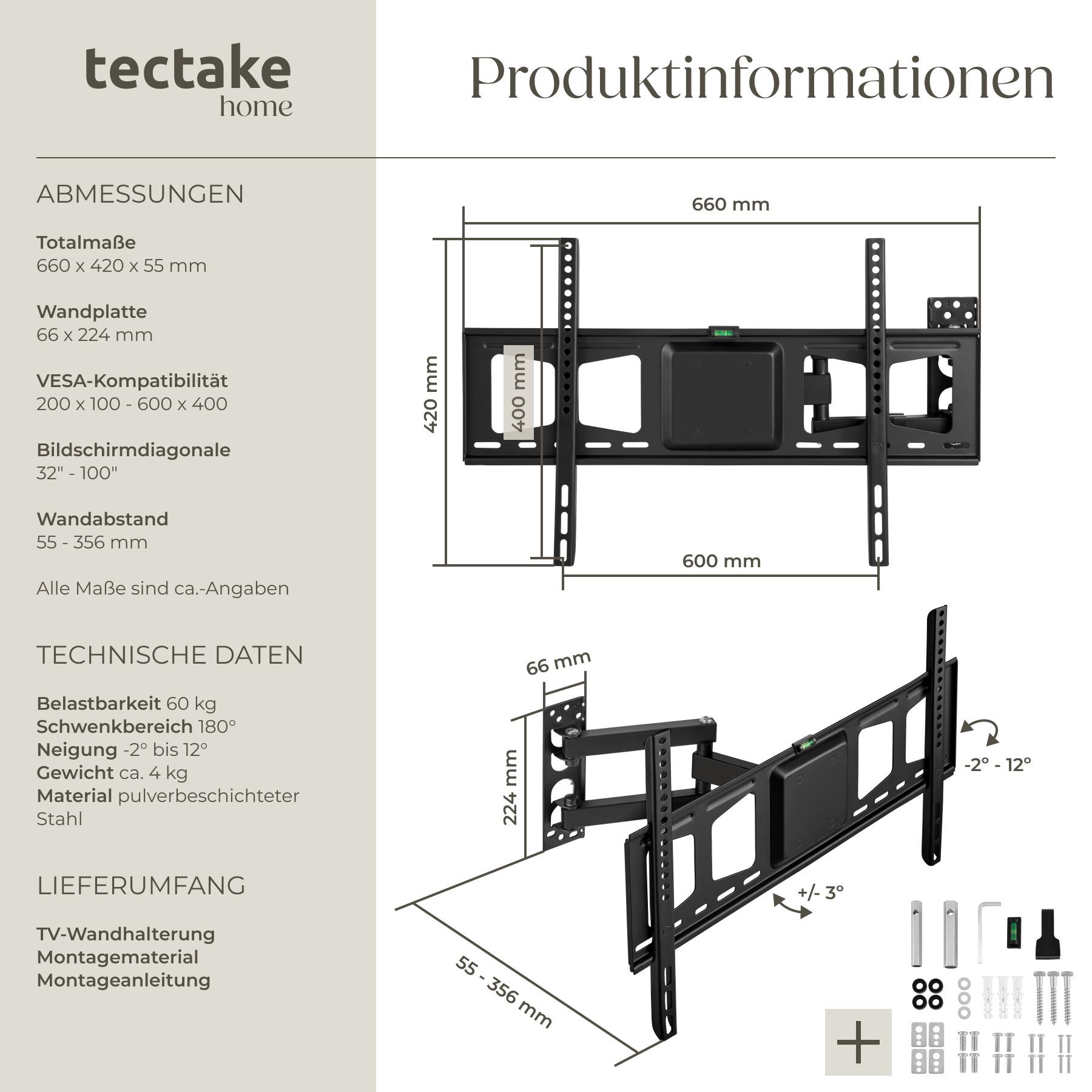 Tectake  TV Wandhalterung neigbar, schwenkbar für 32" (81cm) - 100" (254cm), VESA max.: 600x400, bis 60kg 