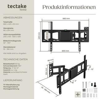 Tectake  Supporto da installazione a parete per monitor 32-100″ (81-254 cm) inclinabile girevole 