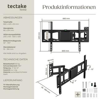 Tectake  TV Wandhalterung neigbar, schwenkbar für 32" (81cm) - 100" (254cm), VESA max.: 600x400, bis 60kg 