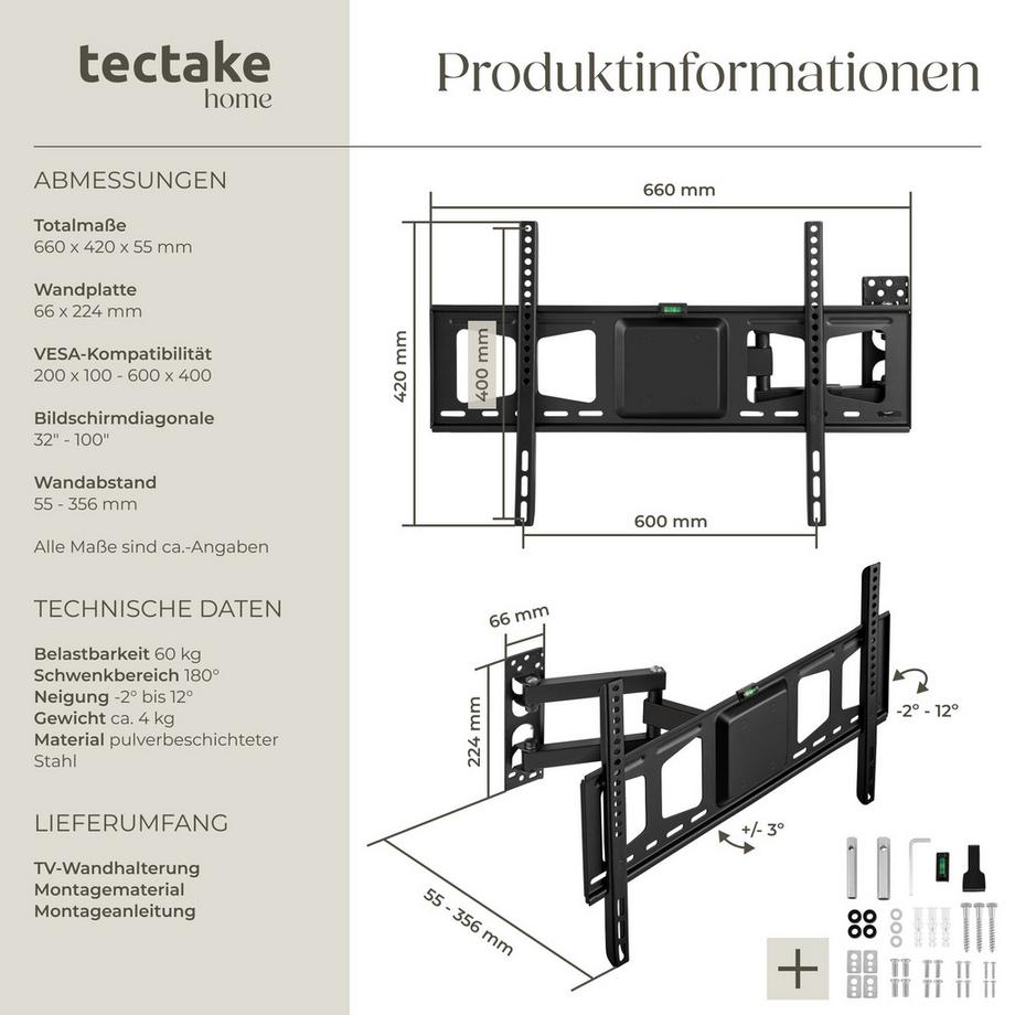 Tectake  TV Wandhalterung  für 32 - 100 Zoll (81 - 254 cm) max. VESA 600 x 400 