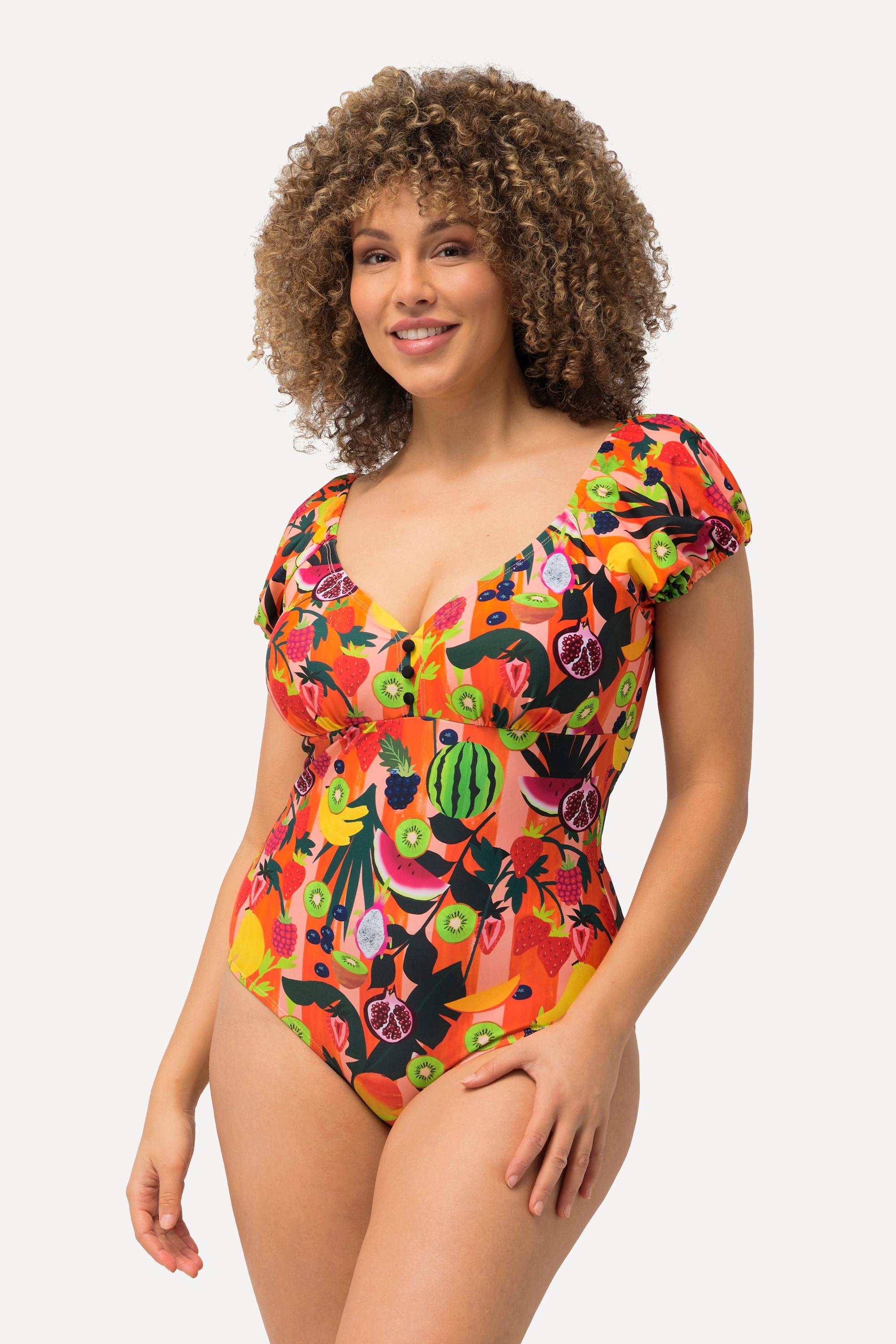 Ulla Popken  Maillot de bain à bonnets souples. Imprimé fruits et manches courtes bouffantes. 