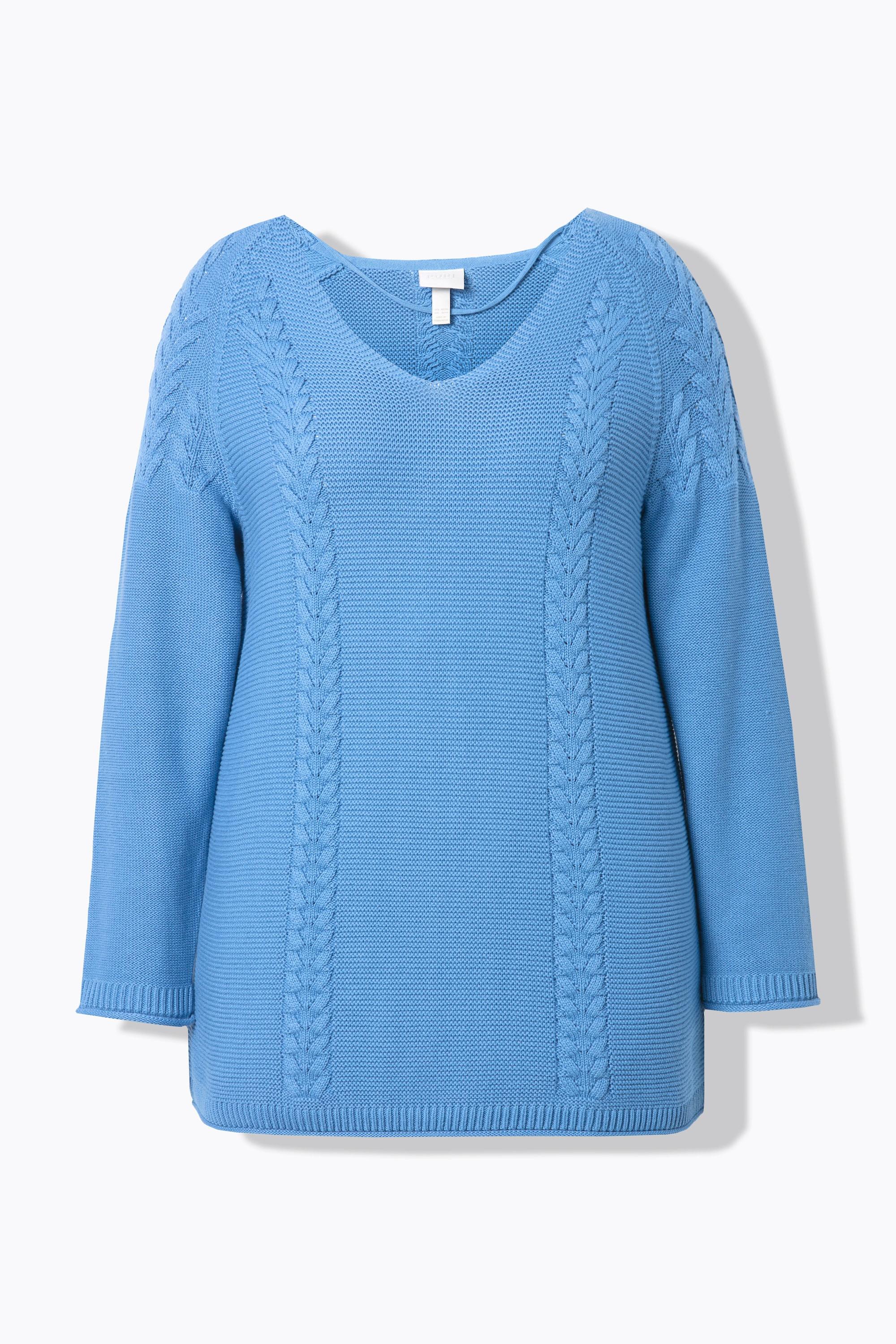 Ulla Popken  Maglione in cotone biologico con trecce, scollo a V e maniche lunghe 