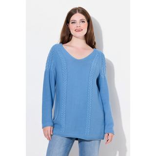 Ulla Popken  Maglione in cotone biologico con trecce, scollo a V e maniche lunghe 