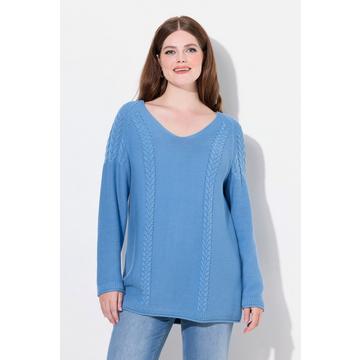 Maglione in cotone biologico con trecce, scollo a V e maniche lunghe