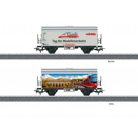 märklin       Vorbild:  Kühlwagen als Privatwagen in der Gestaltung zum Internationalen Tag der Modelleisenbahn am 2. Dezember.    Modell:  Beide Seiten sind unterschiedlich gestaltet. Mit Relex-Kupplungen. Länge über Puffer 11,5 cm. Gleichstromradsatz E700580. 