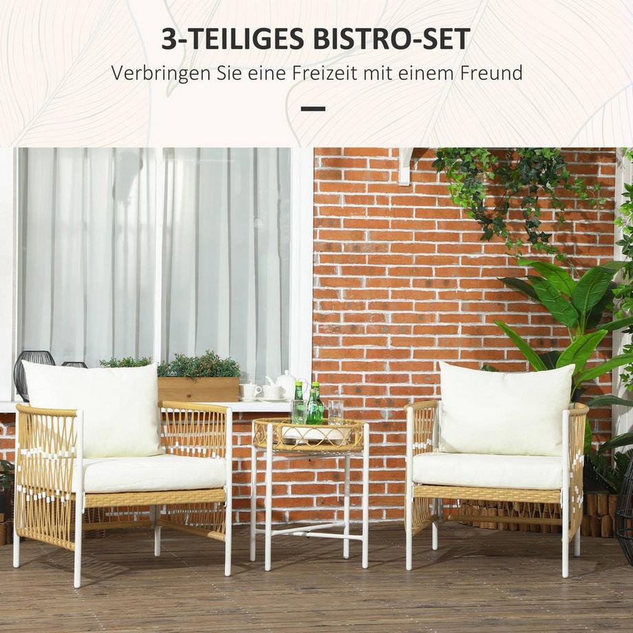 Northio 3er Set Rattan Gartenmöbel-Set mit 2 Gartenstühlen und Couchtisch, Balkonmöbel mit Kissen, für Balkon und Terrasse, Gelb und Creme  