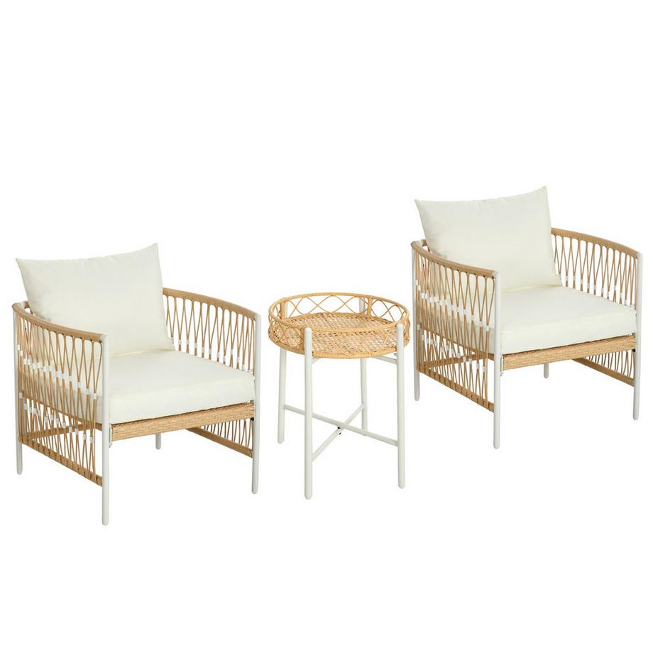 3er Set Rattan Gartenmöbel-Set mit 2 Gartenstühlen und Couchtisch, Balkonmöbel mit Kissen, für Balkon und Terrasse, Gelb und Creme