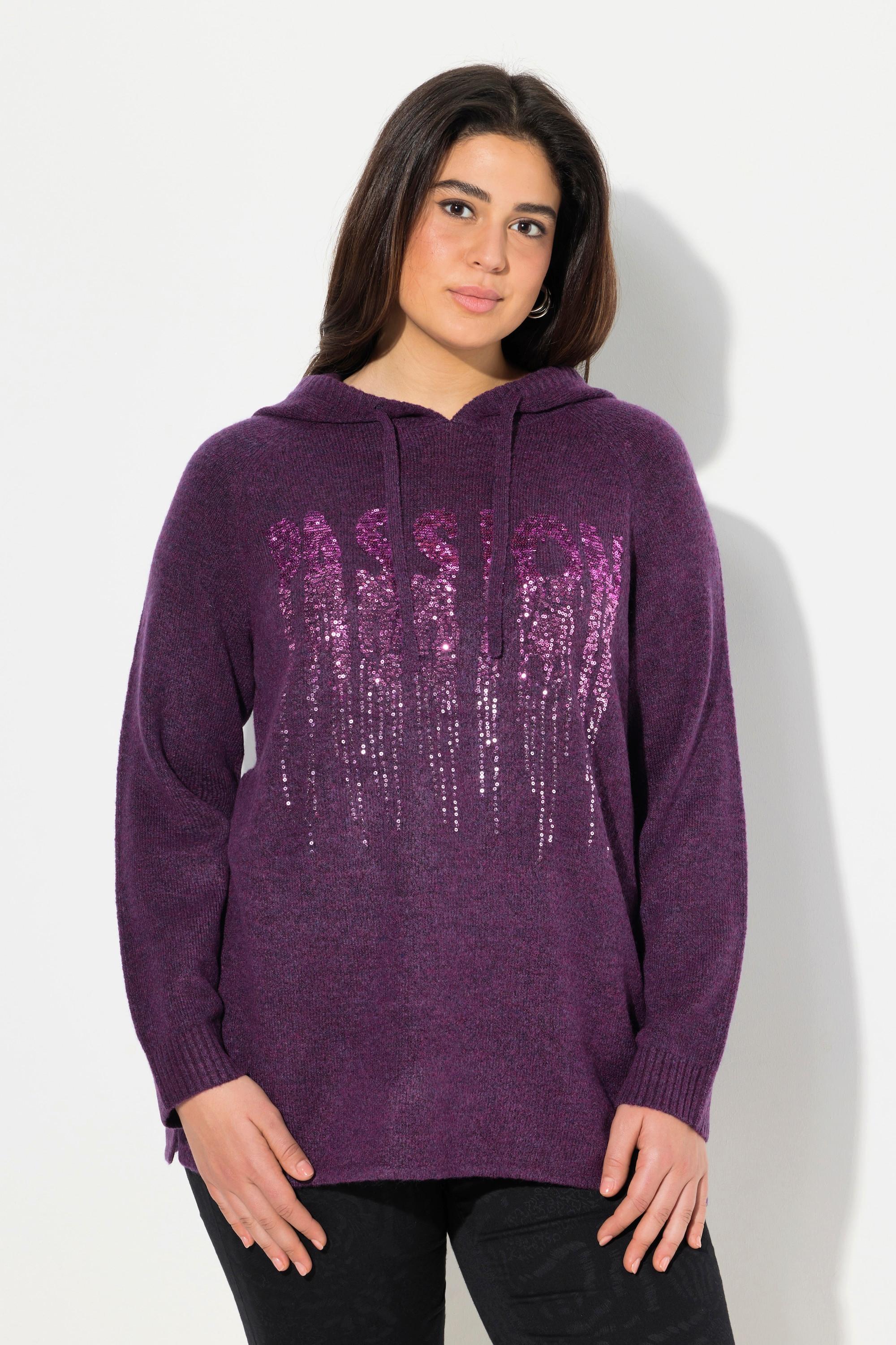 Ulla Popken  Sweat-shirt en maille avec paillettes, capuche et manches longues, coupe évasée 