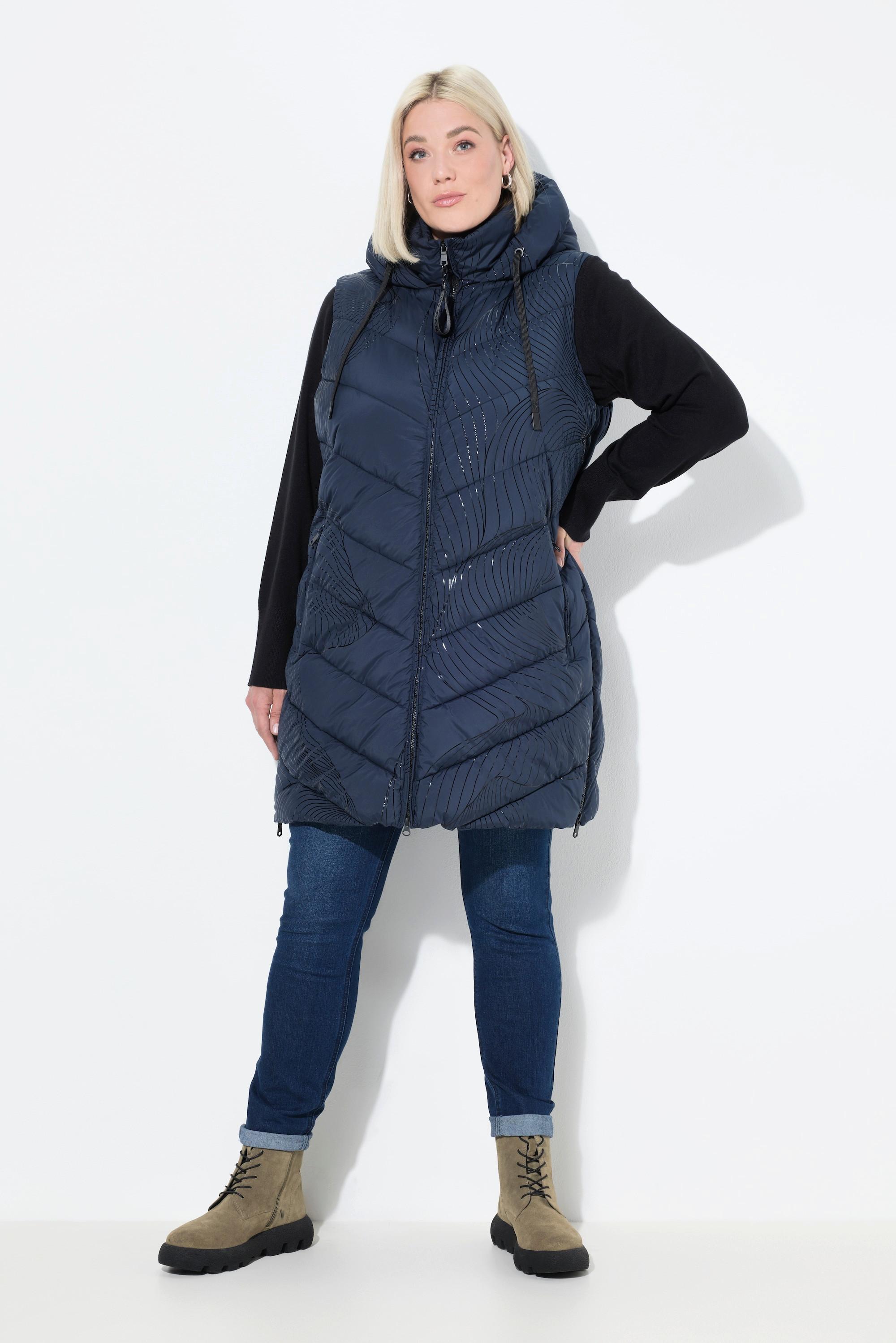 Ulla Popken Gilet Lungo Trapuntato Cappuccio Cerniera Laterale  