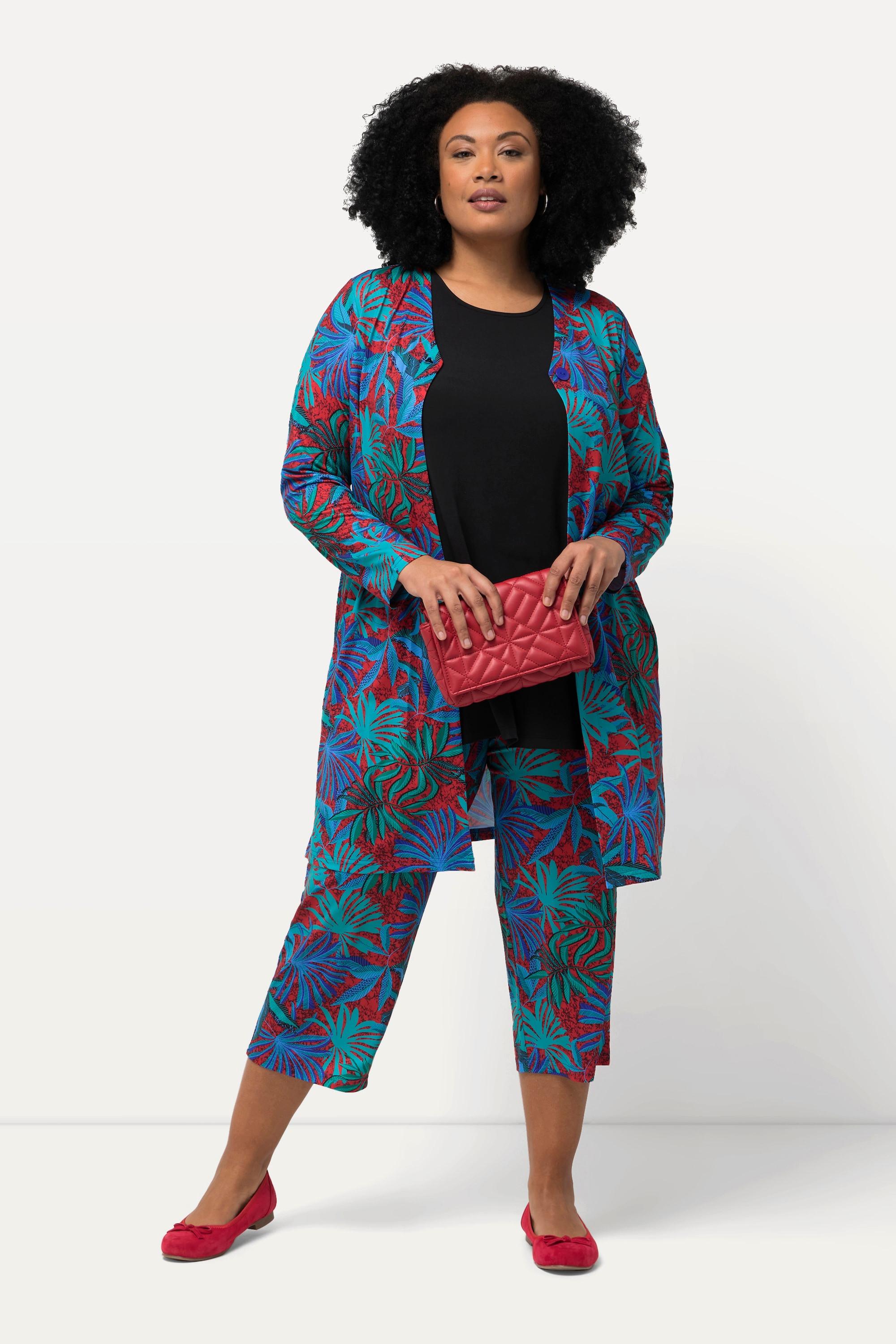 Ulla Popken Jerseyjacke Palmen V-Ausschnitt Langarm  