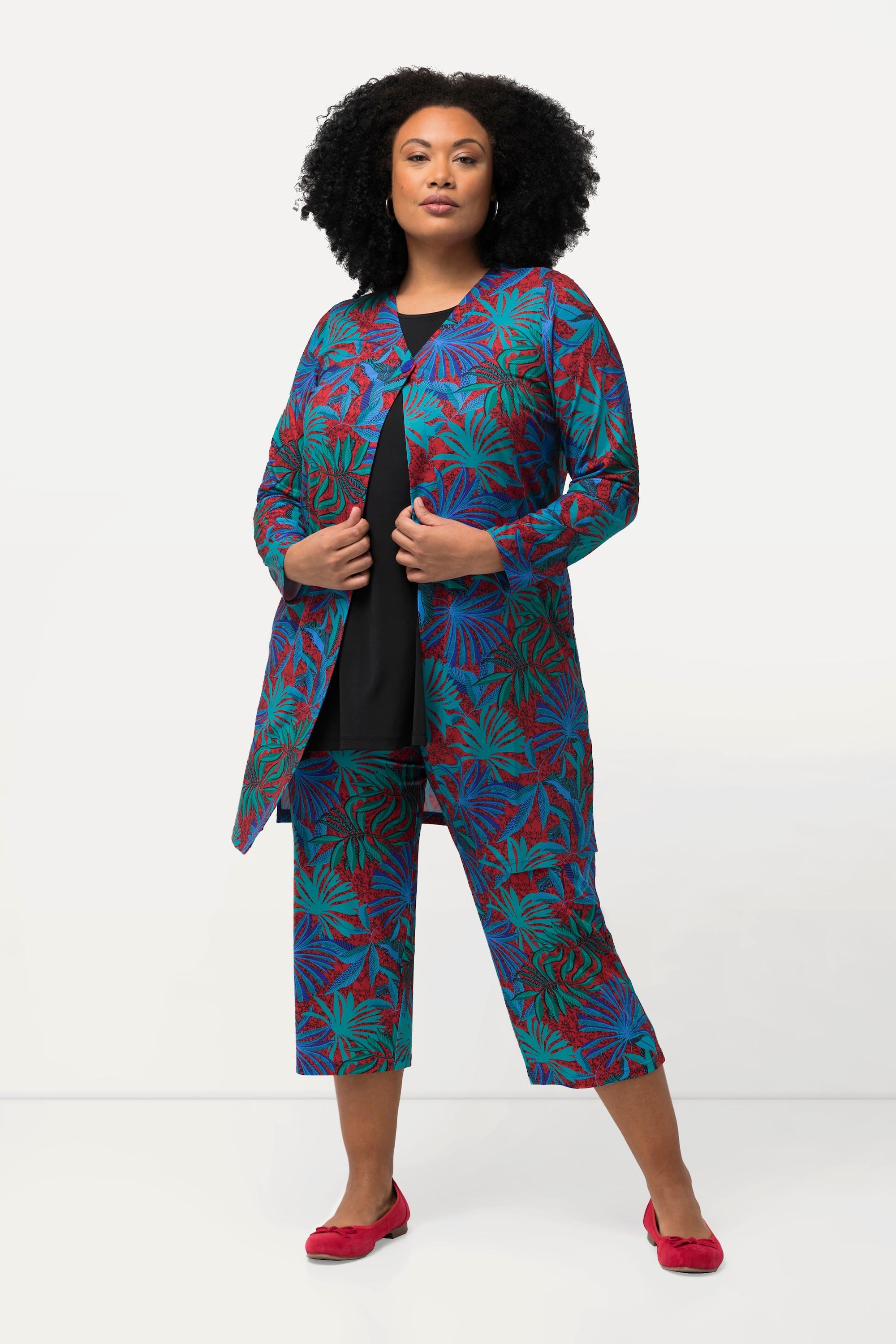 Ulla Popken Jerseyjacke Palmen V-Ausschnitt Langarm  