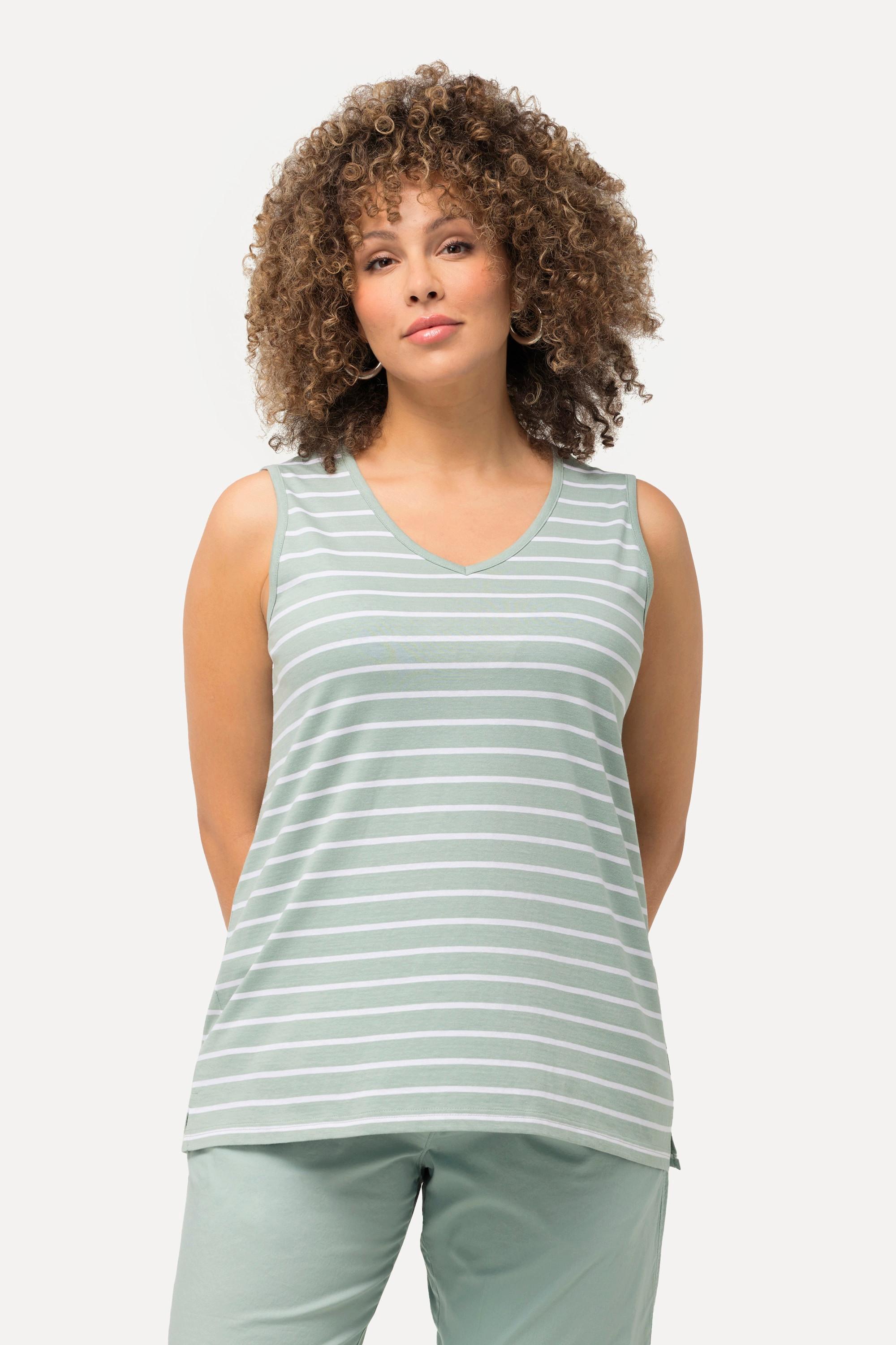 Ulla Popken Top Scollo a V Senza Maniche Confezione da 2 Rigato e Tinta Unita  