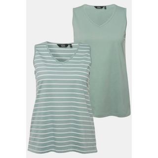 Ulla Popken Top Scollo a V Senza Maniche Confezione da 2 Rigato e Tinta Unita  
