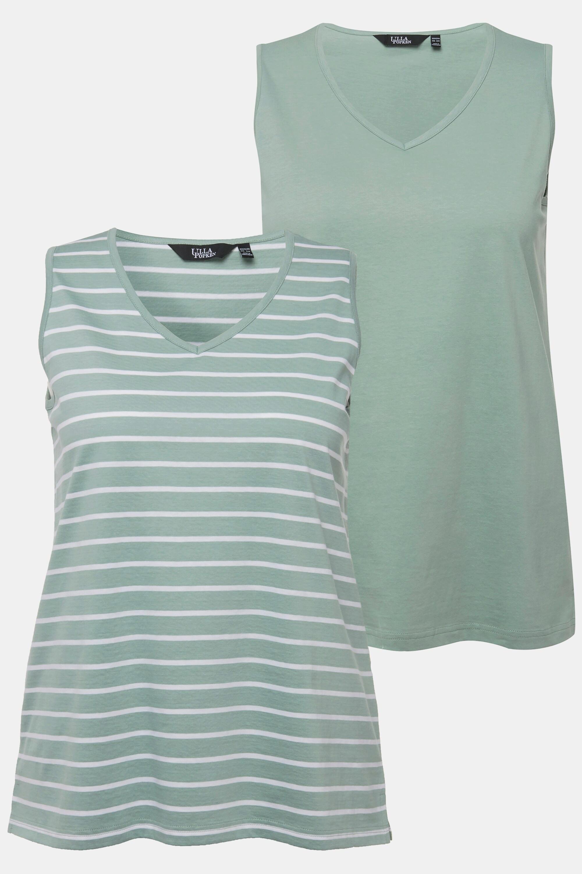 Ulla Popken Top Scollo a V Senza Maniche Confezione da 2 Rigato e Tinta Unita  