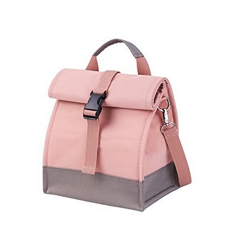 Only-bags.store Sac Isotherme Petit Grand Sac à Lunch 10L Sac de Pique-Nique à Rouleau Sac à Lunch Extensible pour Le Travail, l'école, Pique-Nique, Sortie Transport de Nourriture, Rose Gris  