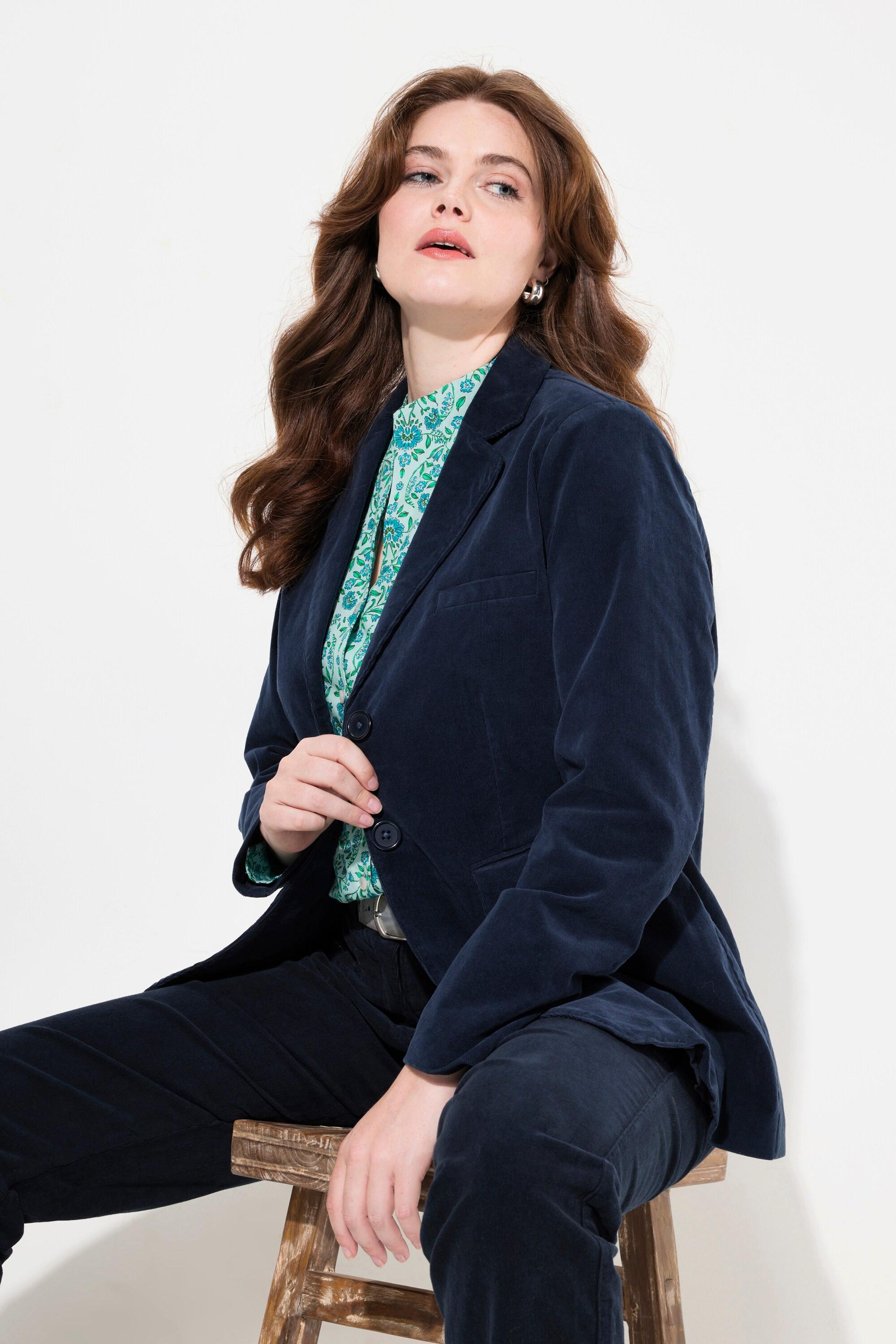 Ulla Popken Blazer en velours côtelé Col à revers Fermeture boutonnée Cintrée  