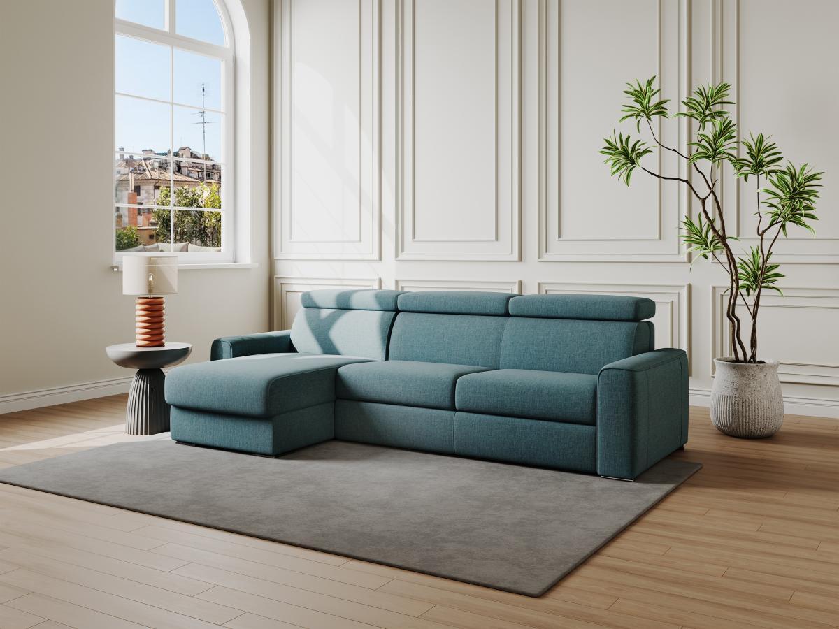 Vente-unique Ecksofa mit Matratze - Ecke wechselbar - Stoff - Blau - Liegefläche mit Lattenrost mit breiten Latten 140 cm - Matratze 18 cm - VIZIR  