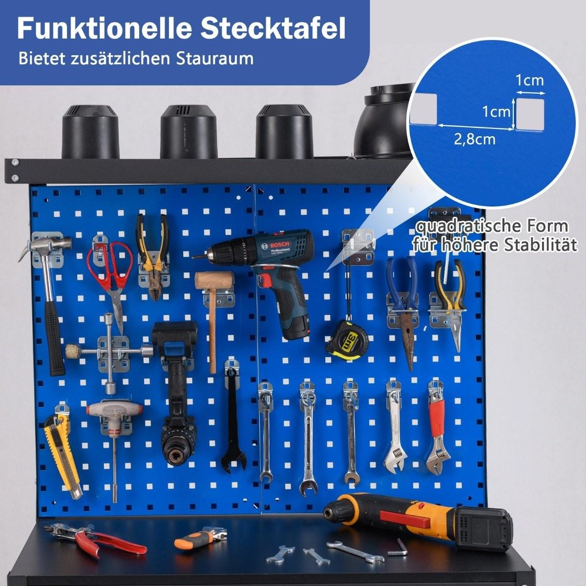 Northix Banco da lavoro 81 x 41 cm Tavolo da lavoro con capacità di carico di 225 kg con parete forata e amp; Cassetti e amp; scaffali blu  