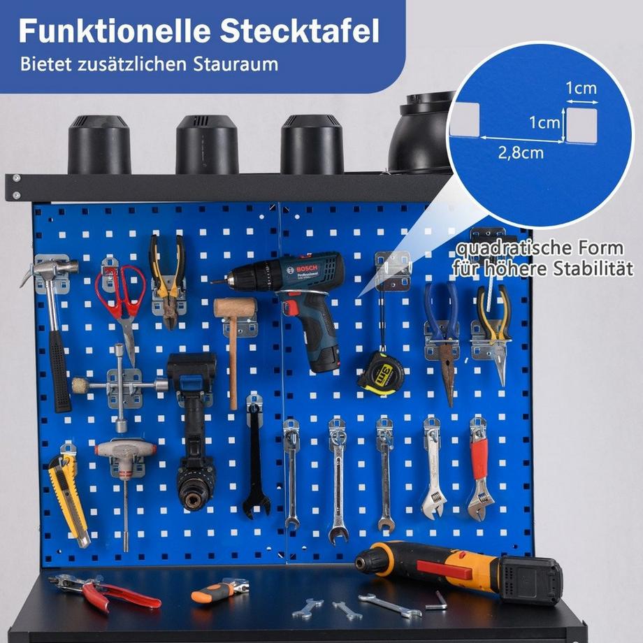 Northix Etabli 81 x 41 cm Table de travail capacité de charge 225 kg avec paroi perforée et amp; Tiroirs et amp; étagères bleues  
