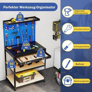 Northix Banco da lavoro 81 x 41 cm Tavolo da lavoro con capacità di carico di 225 kg con parete forata e amp; Cassetti e amp; scaffali blu  