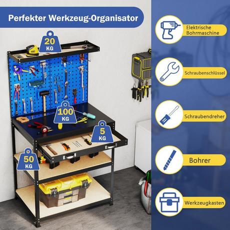 Northix Banco da lavoro 81 x 41 cm Tavolo da lavoro con capacità di carico di 225 kg con parete forata e amp; Cassetti e amp; scaffali blu  