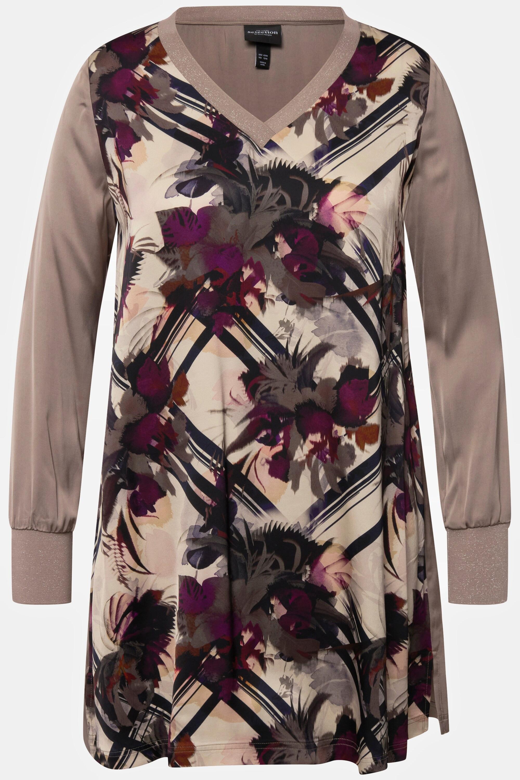 Ulla Popken Tunica lunga in raso linea A scollo V maniche lunghe  