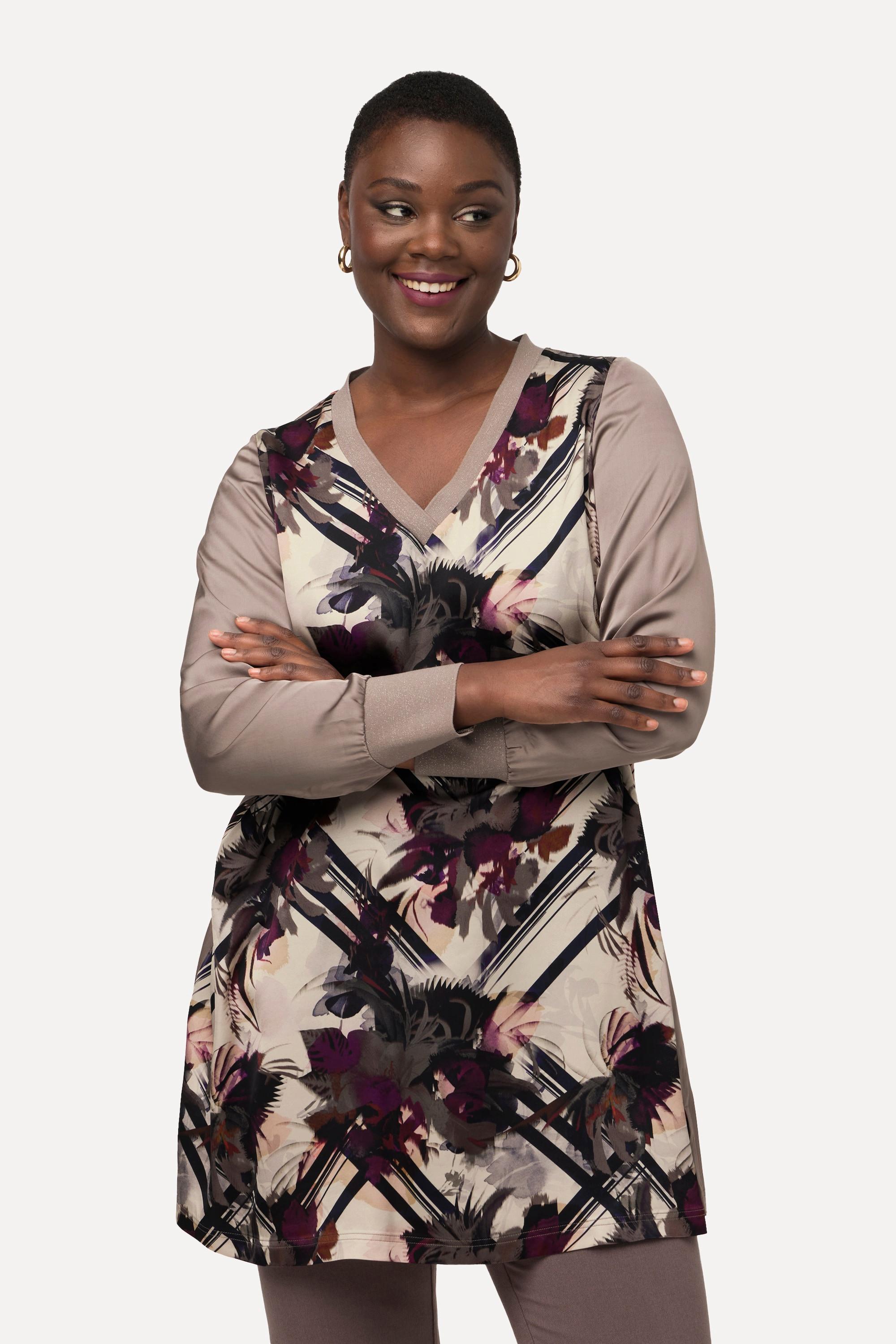 Ulla Popken Tunica lunga in raso linea A scollo V maniche lunghe  